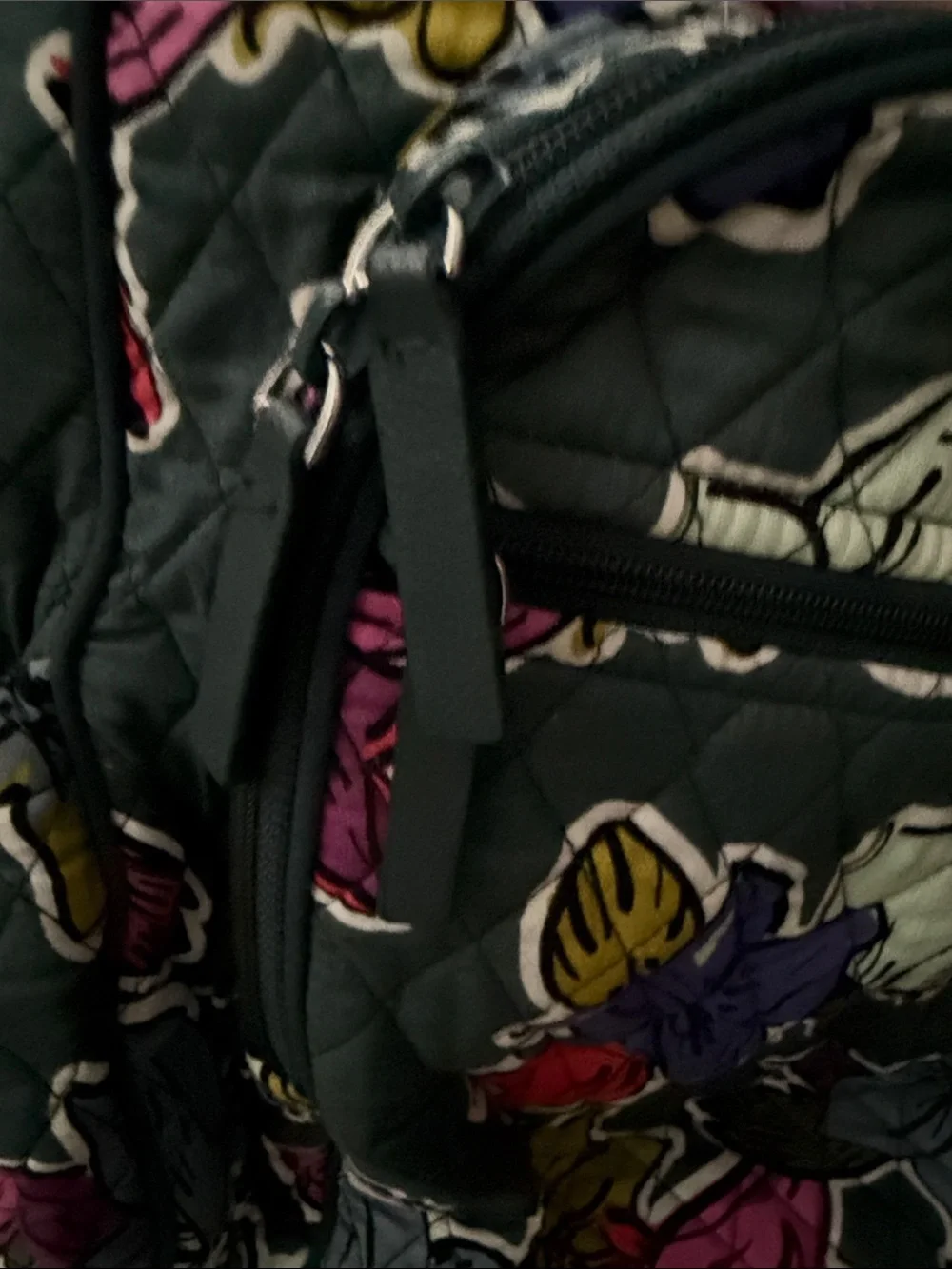 Vera Bradley Quilted Floral Backpack in Gray with Pink, Red, Purple Accents